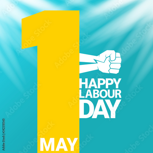 1 may Happy labour day vector label with strong protest fist in the air on blue sky background with rays. vector happy labor day background or banner with man hand. workers may day poster