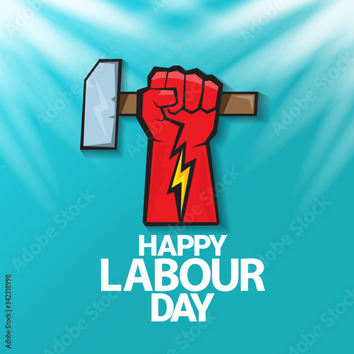 1 may Happy labour day vector label with strong protest fist in the air on blue sky background with rays. vector happy labor day background or banner with man hand. workers may day poster