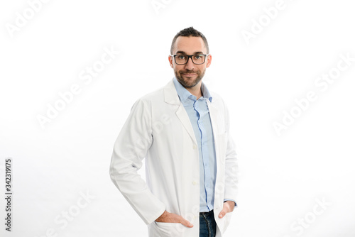 portrait of handsome man male doctor in hospital with a white lab coat studio shot isolated on white background