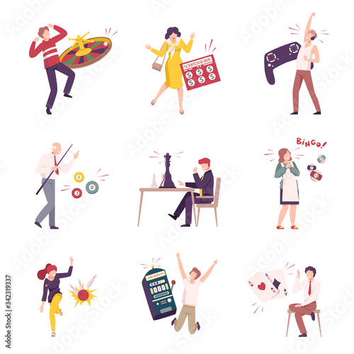 Lucky People Celebrating Their Win Set, Happy People Winning in Lottery, Casino Gambling, Sports Tournament, Video Game Competition Flat Vector Illustration