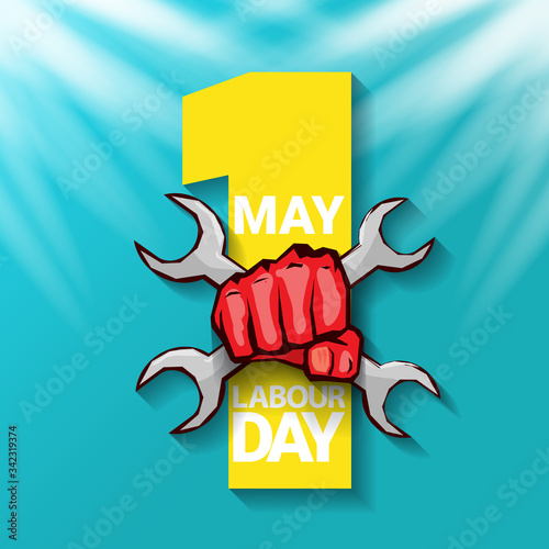 1 may Happy labour day vector label with strong protest fist in the air on blue sky background with rays. vector happy labor day background or banner with man hand. workers may day poster