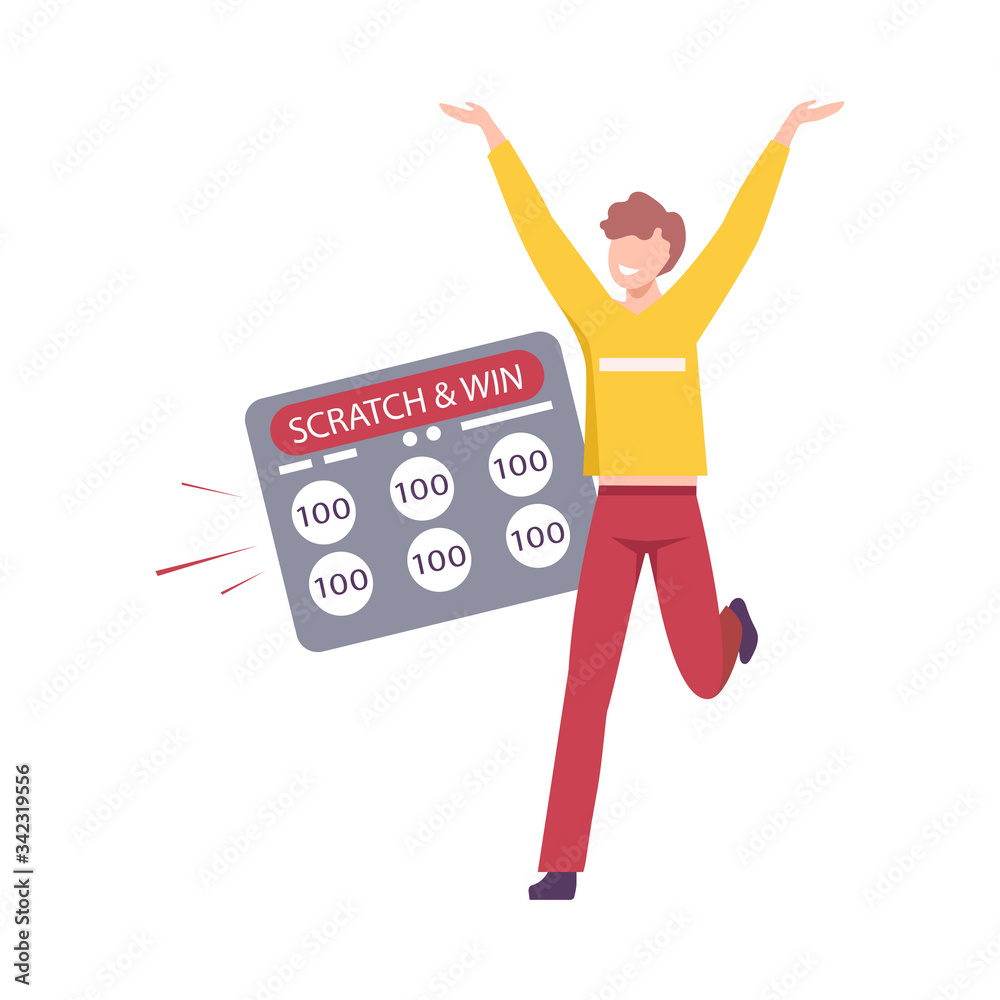 Happy Young Man Celebrating Winning of Money in Bingo Lottery Flat Vector Illustration Happy Young Man Celebrating Winning of Money in Bingo Lottery Flat Vector Illustration