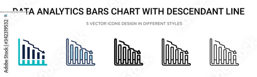 Data analytics bars chart with descendant line icon in filled, thin line, outline and stroke style. Vector illustration of two colored and black data analytics bars chart with descendant line vector