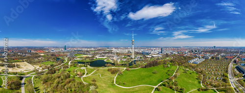 Munich from above with a beautiful view over a popular park, panoramic clear view at spring. © allessuper_1979