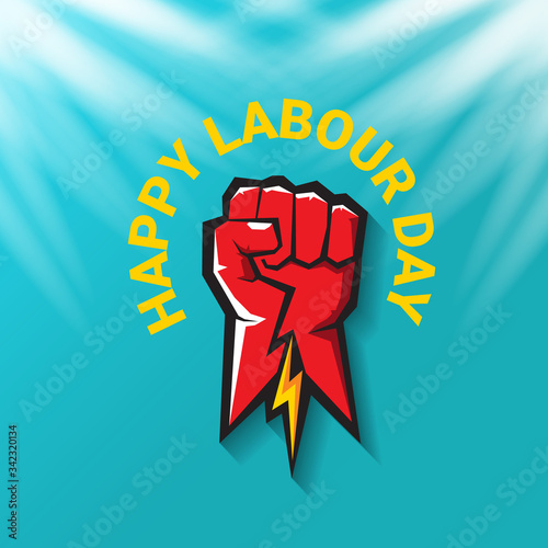 1 may Happy labour day vector label with strong protest fist in the air on blue sky background with rays. vector happy labor day background or banner with man hand. workers may day poster