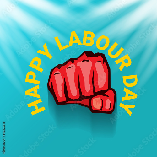 1 may Happy labour day vector label with strong protest fist in the air on blue sky background with rays. vector happy labor day background or banner with man hand. workers may day poster