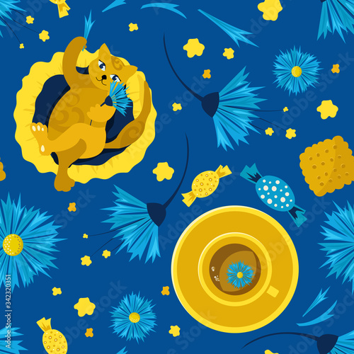 Seamless pattern with cats on a pillow and favorite tea with chicory flowers and cornflowers. Concept of home comfort. Vector illustration. Design of children s products  background  cover  wallpaper.