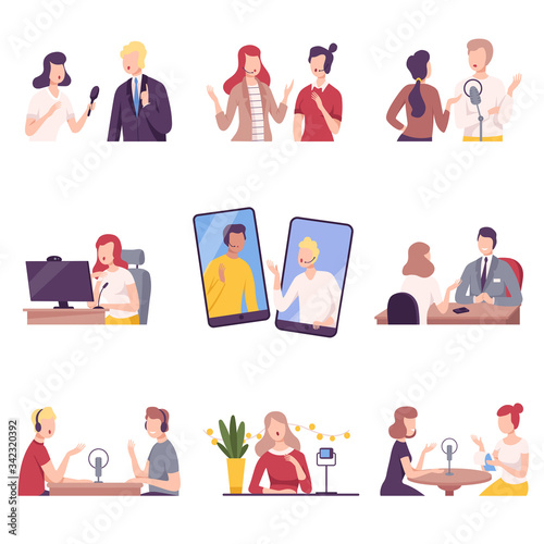 Journalists Interviewing Business People, Celebrities or Politicians Set, Online Communication, Business Meeting, Interviewing Flat Vector Illustration