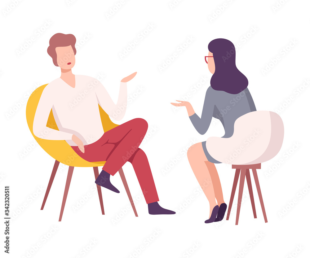 Businessman or Celebrity Character Sitting on Chair and Giving an Interview to Female Journalist with Microphone at Press Conference, Live Report Flat Vector Illustration Businessman or Celebrity Character Sitting on Chair and Giving an Interview to Female Journalist with Microphone at Press Conference, Live Report Flat Vector Illustration
