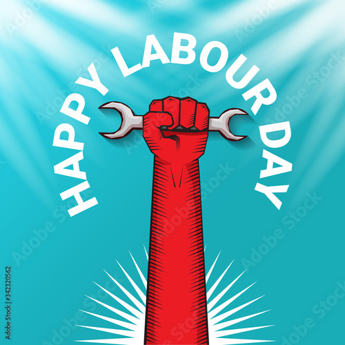1 may Happy labour day vector label with strong protest fist in the air on blue sky background with rays. vector happy labor day background or banner with man hand. workers may day poster