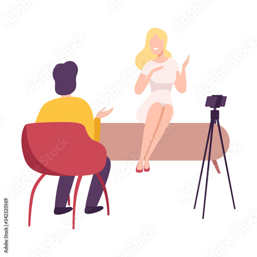 Businesswoman or Famous Celebrity Giving an Interview in the Presence of Journalist with Camera at Press Conference, Live Report Flat Vector Illustration