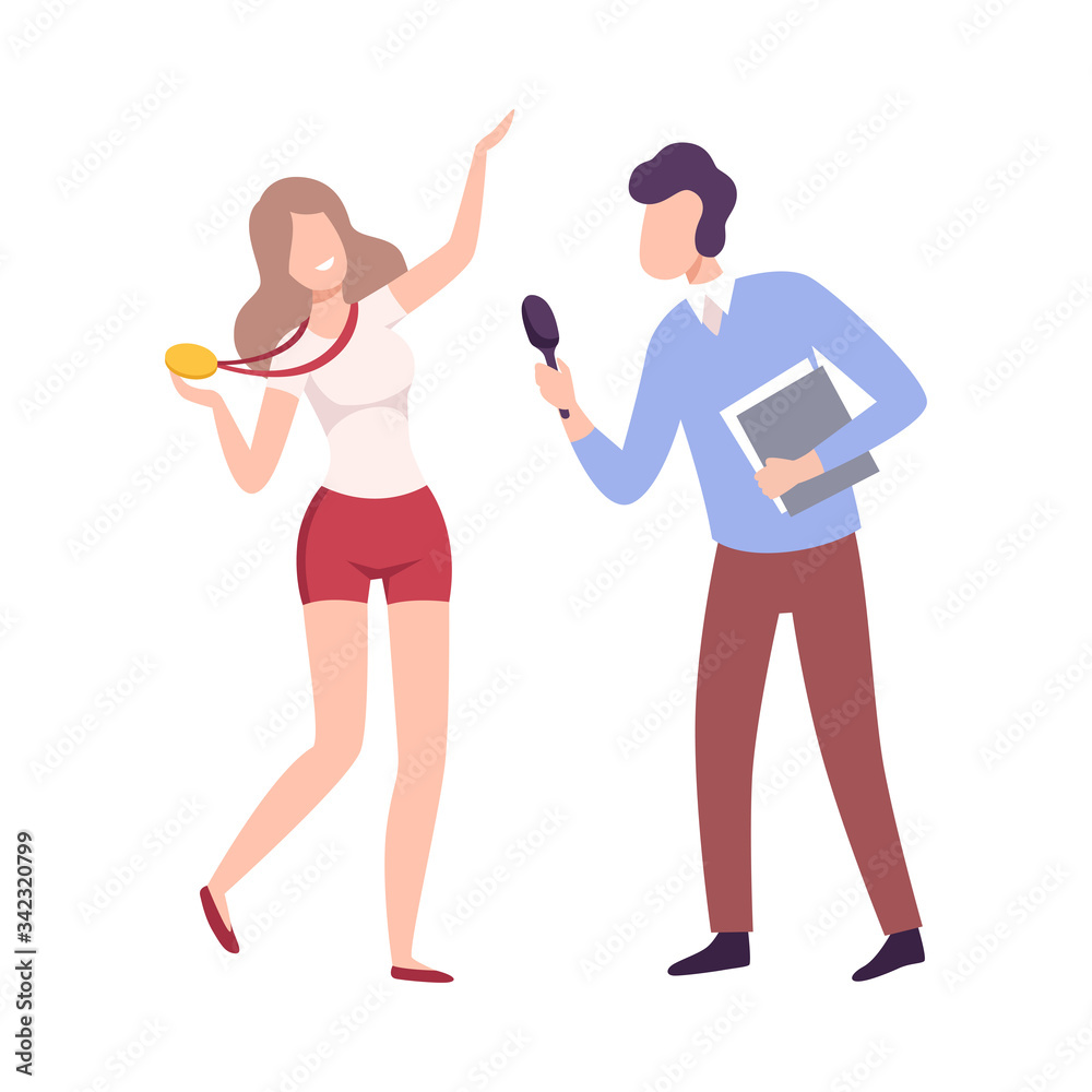 Female Athlete Character with Cold Medal Giving an Interview to Male Journalist with Microphone at Press Conference, Live Report Flat Vector Illustration Female Athlete Character with Cold Medal Giving an Interview to Male Journalist with Microphone at Press Conference, Live Report Flat Vector Illustration