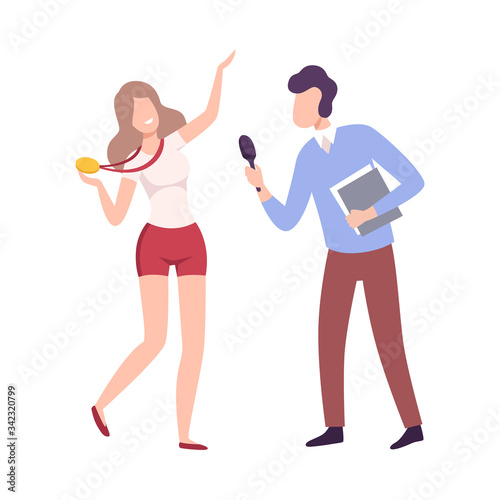 Female Athlete Character with Cold Medal Giving an Interview to Male Journalist with Microphone at Press Conference, Live Report Flat Vector Illustration
