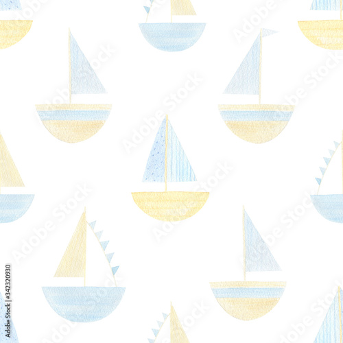Kids, nursery watercolor seamless pattern with ship on white background. Nautical, sea background for kids textile, children covers, fabric, wallpaper. Cute blue boat. Summer season. 