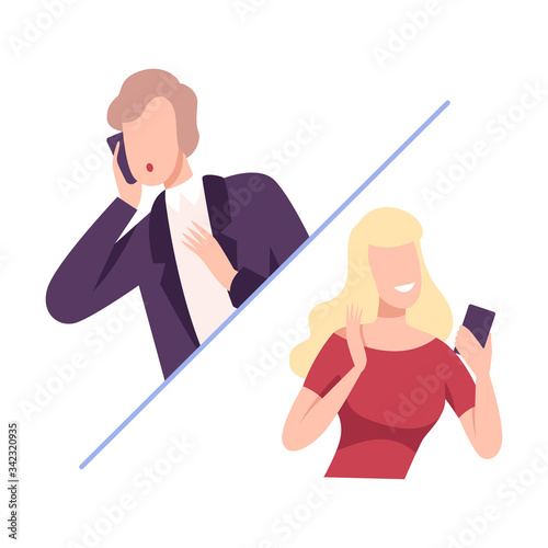Two Business People Communicating with Each Other by Smartphone, Online Communication, Business Meeting, Interviewing Flat Vector Illustration