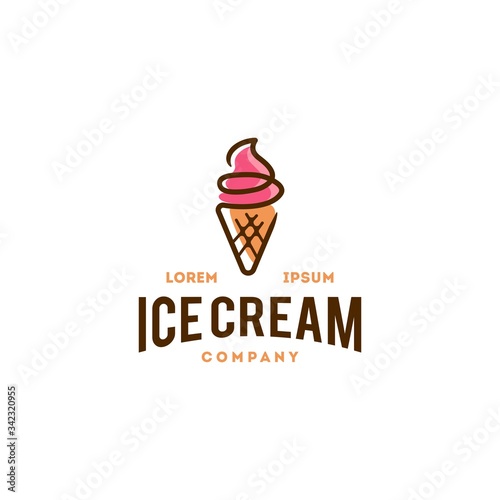 strawberry ice cream badge sign logo icon in trendy cartoon line style, retro and colorfull scoop logo illustration 
