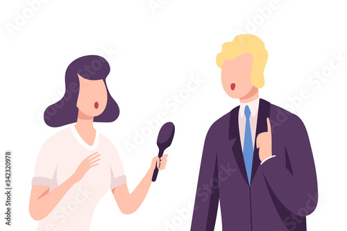 Businessman or Politician Giving an Interview to Female Journalist with Microphone at Press Conference, Live Report Flat Vector Illustration