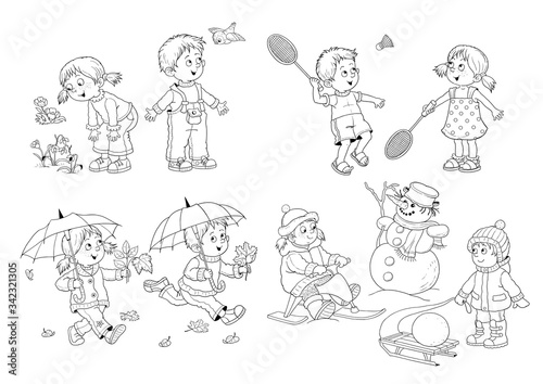 Four seasons. Spring, summer, autumn, winter. Set of 8 pictures. Cute boy and girl are playing outdoors. In the forest. Coloring book. Poster. Illustration for children. Cartoon characters