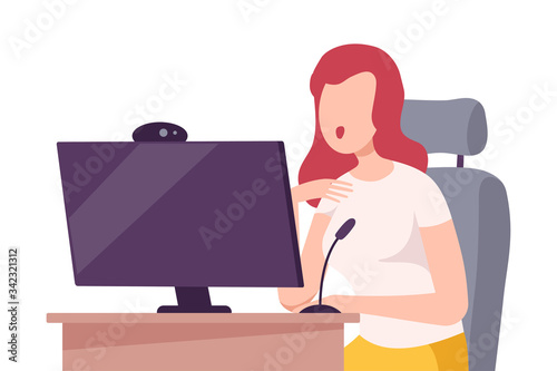 Video Blogger Online Streaming, Girl Sitting at Computer Desk with Microphone and Camera for Internet Vlog Communication Flat Vector Illustration