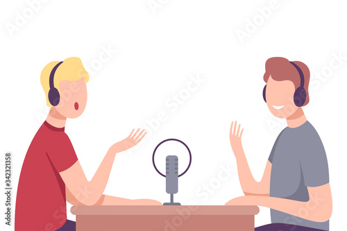 Radio Host Interviewing Male Guest on Radio Station, Two Men in Headphones Talking Flat Vector Illustration photo