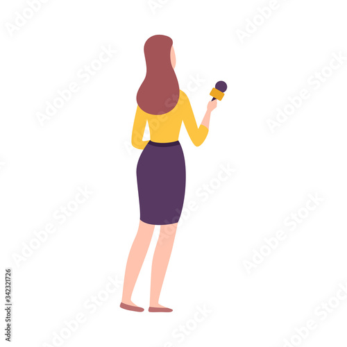 Rare View of Female Journalist Making Interview, Professional Reporter Character with Microphone Presenting News Flat Vector Illustration