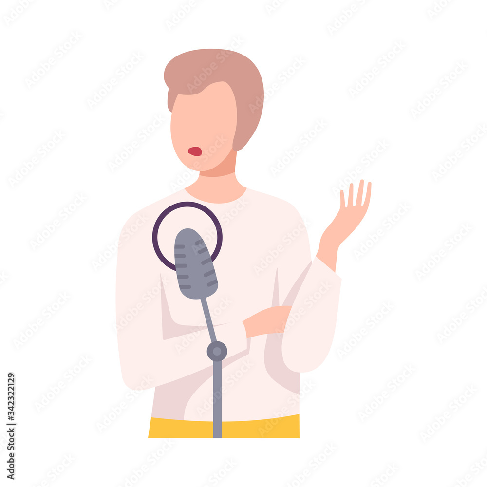 Young Man with Microphone Talking or Singing in Studio Flat Vector Illustration Young Man with Microphone Talking or Singing in Studio Flat Vector Illustration
