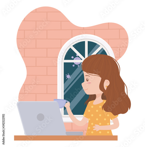 stay at home, young woman working with coffee cup and laptop