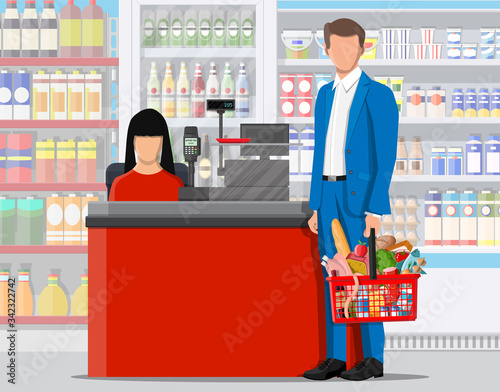 Supermarket store interior with goods. Big shopping mall. Interior store inside. Checkout counter, grocery, drinks, food, fruits, dairy products. Vector illustration in flat style