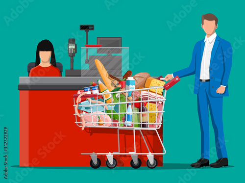 Groceries in checkout counter. Grocery store collection. Supermarket. Fresh organic food drinks. Milk, vegetables meat chicken cheese sausages, wine fruits, fish cereal juice. Flat vector illustration