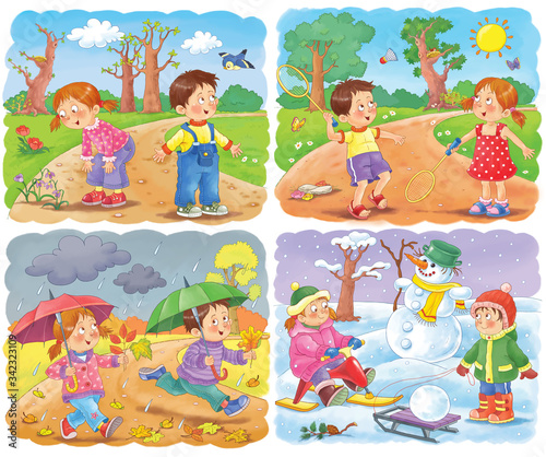 Four seasons. Spring, summer, autumn, winter. Set of 8 pictures. Cute boy and girl are playing outdoors. In the forest. Coloring book. Poster. Illustration for children. Cartoon characters