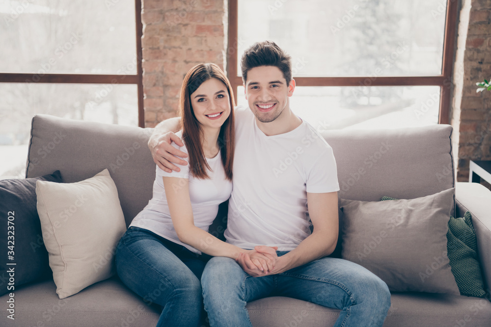 Portrait of her she his he nice attractive lovely cheerful cheery affectionate couple sitting on divan holding hands at modern industrial loft style brick interior living-room flat indoors Portrait of her she his he nice attractive lovely cheerful cheery affectionate couple sitting on divan holding hands at modern industrial loft style brick interior living-room flat indoors