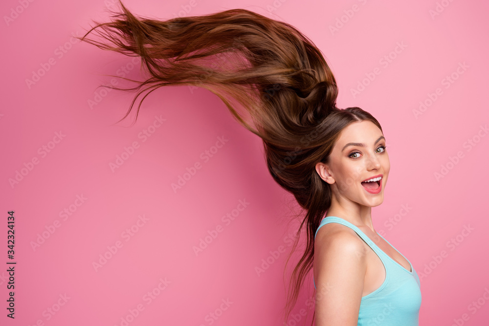 Portrait of her she nice attractive lovely cheerful cheery straight-haired girl ideal perfect clean smooth hair flying anti dander dandruff medicine isolated on pink pastel color background Portrait of her she nice attractive lovely cheerful cheery straight-haired girl ideal perfect clean smooth hair flying anti dander dandruff medicine isolated on pink pastel color background