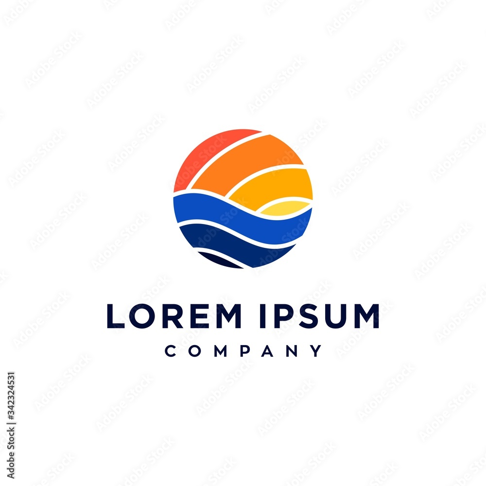 sun and beach sunset sunrise logo with water icon illustration , simple and elegant suitable for hotel or beach shop spa sun and beach sunset sunrise logo with water icon illustration , simple and elegant suitable for hotel or beach shop spa