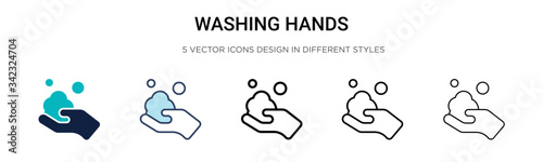 Washing hands icon in filled, thin line, outline and stroke style. Vector illustration of two colored and black washing hands vector icons designs can be used for mobile, ui, web