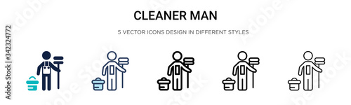 Cleaner man icon in filled, thin line, outline and stroke style. Vector illustration of two colored and black cleaner man vector icons designs can be used for mobile, ui, web
