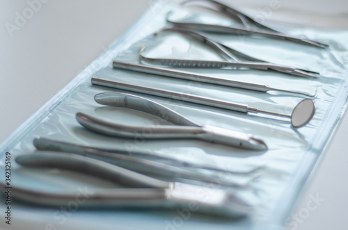 Selective focus close-up of sterilised dental tools
