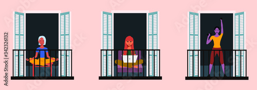 Concept of social isolation during the coronavirus pandemic. Girls work at a laptop, do yoga and sports with dumbbells. Stay at home in quarantine. Flat vector illustration. EPS 10.