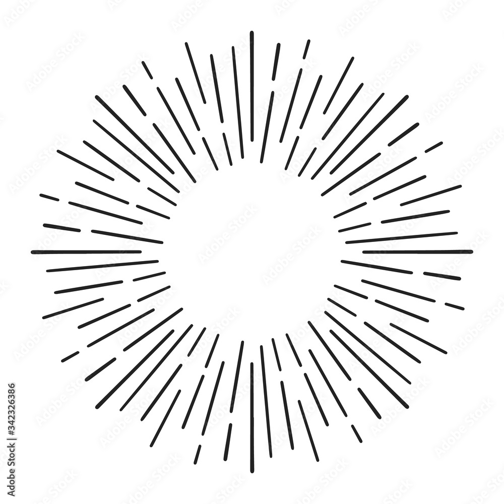 Sunburst doodle line art. Hand drawn sun burst, round banner with circle explosion. Retro sketch radial rays, black frame isolated on white background. Monochrome handmade design element