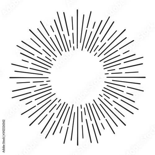 Sunburst doodle line art. Hand drawn sun burst  round banner with circle explosion. Retro sketch radial rays  black frame isolated on white background. Monochrome handmade design element