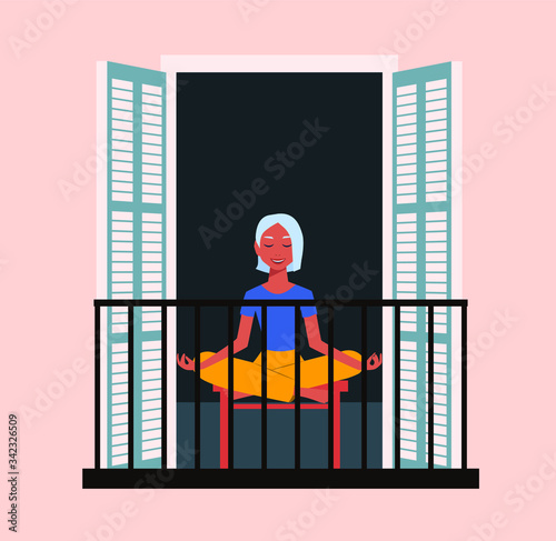 Concept of social isolation during the coronavirus pandemic. The girl is doing yoga on the balcony. Stay at home in quarantine. Flat vector illustration. EPS10.