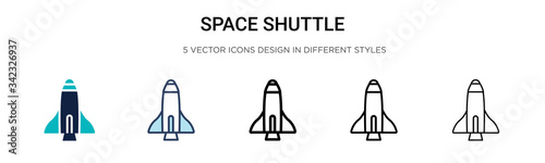 Space shuttle icon in filled, thin line, outline and stroke style. Vector illustration of two colored and black space shuttle vector icons designs can be used for mobile, ui, web