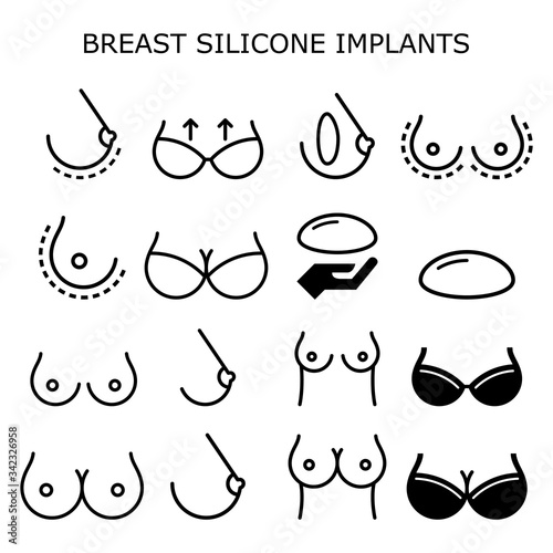 Breast silicone implant, boob job breast augmentation, reconstruction surgery vector icons set - plastic surgery
