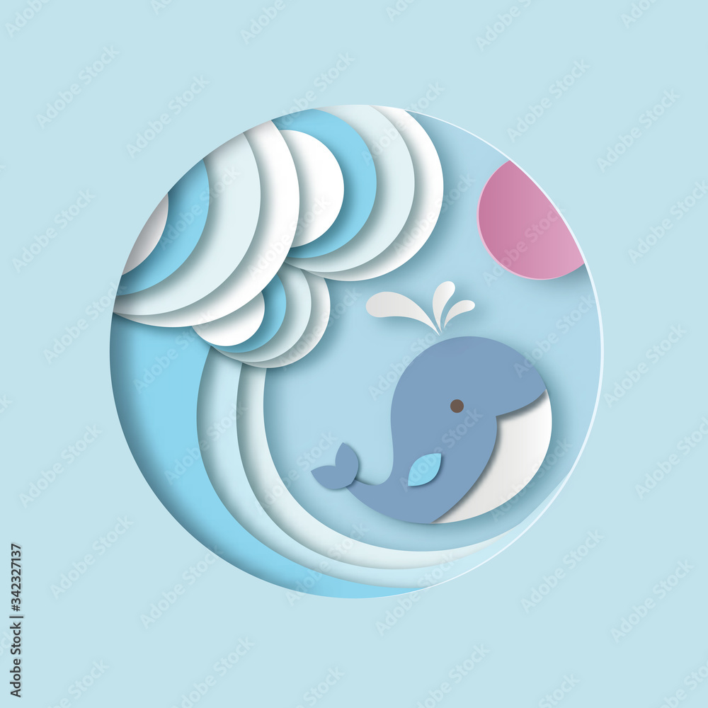 Little cartoon whale with stylized waves and pink sun. Paper cut out digital craft style. Carving art. Vector illustration