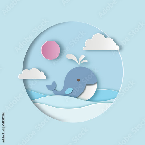 Cartoon cute flat whale with pink sun, white clouds and sea waves. Paper cut out style. Carving art. Vector illustration