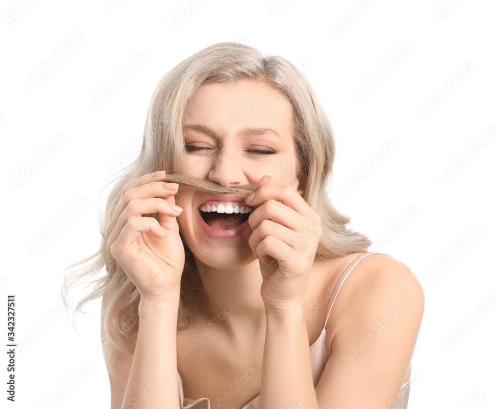 Funny young blonde with beautiful hair on white background Funny young blonde with beautiful hair on white background
