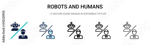 Robots and humans icon in filled, thin line, outline and stroke style. Vector illustration of two colored and black robots and humans vector icons designs can be used for mobile, ui, web