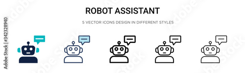 Robot assistant icon in filled, thin line, outline and stroke style. Vector illustration of two colored and black robot assistant vector icons designs can be used for mobile, ui, web