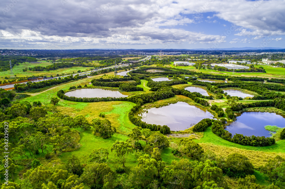 Aerial view of Tirhatuan Wetlands in Melbourne, Australia