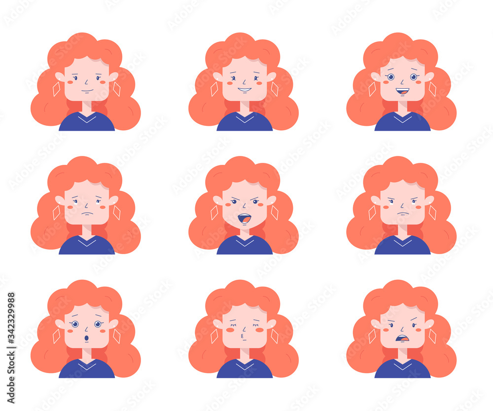 Set of girl with different facial expressions. Woman avatars icons Set of girl with different facial expressions. Woman avatars icons