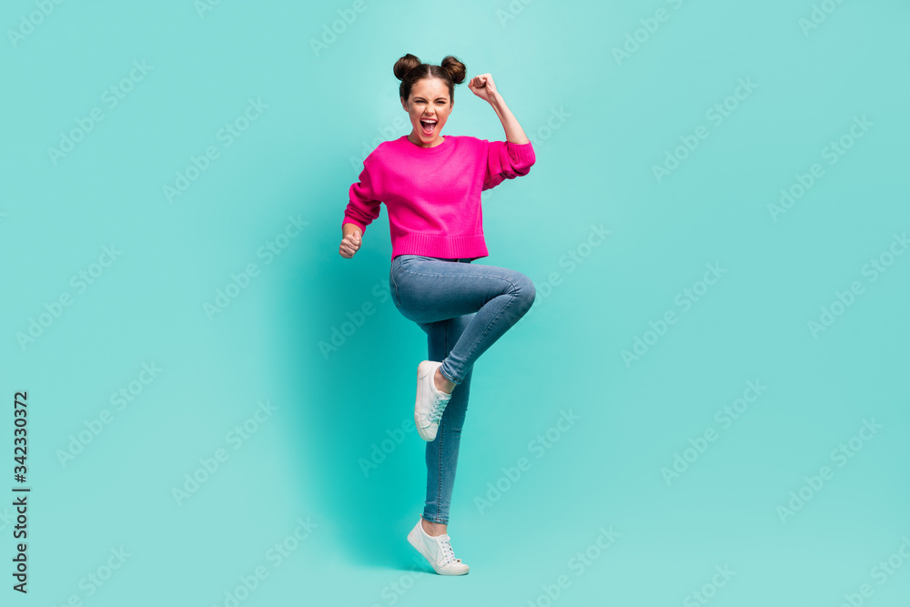 Full length body size view of nice attractive lovely ecstatic cheerful cheery wavy-haired girl having fun dancing rejoicing isolated on bright vivid shine vibrant green blue color background Full length body size view of nice attractive lovely ecstatic cheerful cheery wavy-haired girl having fun dancing rejoicing isolated on bright vivid shine vibrant green blue color background